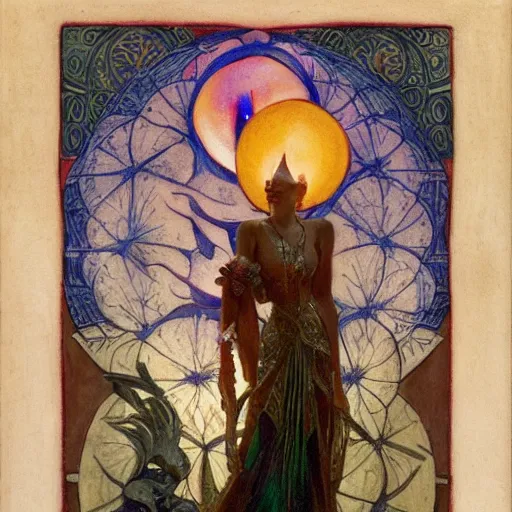 Prompt: the twilight queen with her lantern, by Annie Swynnerton and Nicholas Roerich, bioluminescent skin, tattoos, elaborate costume, geometric ornament, symbolist, smooth, sharp focus, extremely detailed