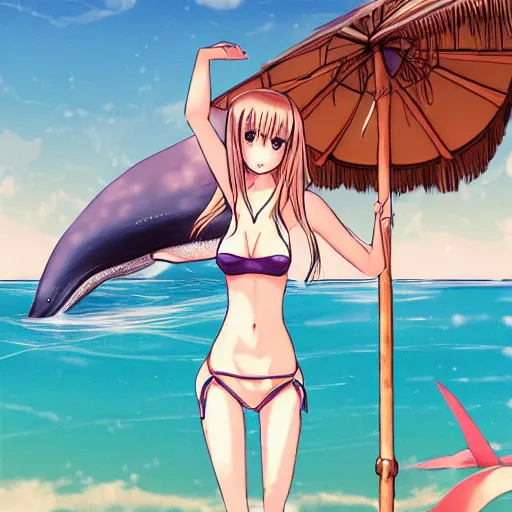 Prompt: a woman in a bikini top and skirt standing next to a whale, a character portrait by Jin Homura, featured on pixiv, mingei, booru, official art, pixiv