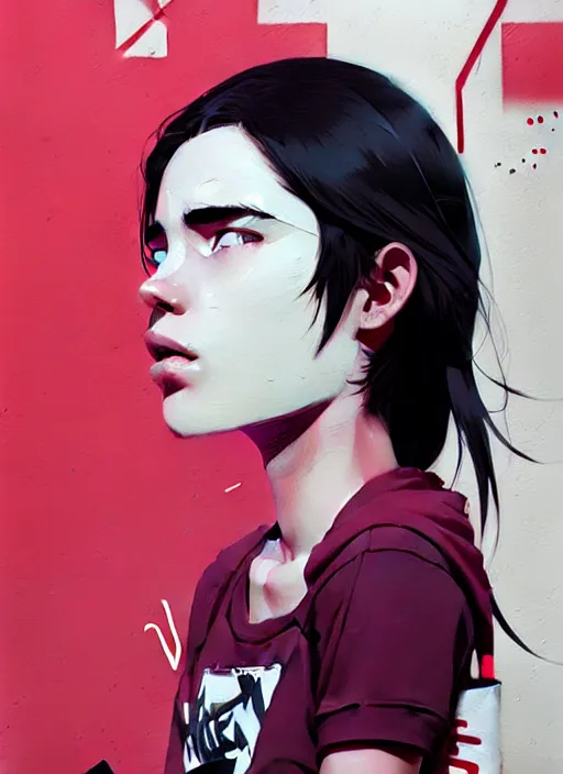 Image similar to highly detailed graffiti of a teenager, by atey ghailan, by greg rutkowski, by greg tocchini, by james gilleard, by joe fenton, by kaethe butcher, gradient violet, black, red, cream and white color scheme, award winning details