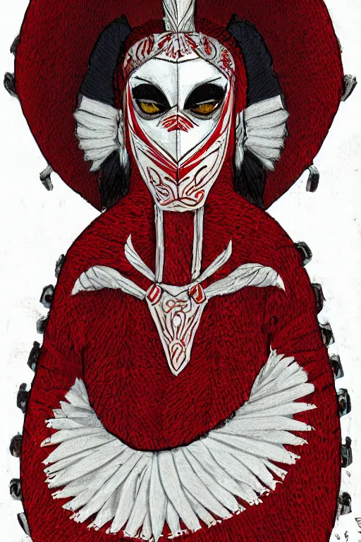 Image similar to female adventurer in tight full - body white embroidered leather armor of vyshyvanka design with red accents and a red porcelain crow mask, trending in artstation, ukrainian, establishing shot