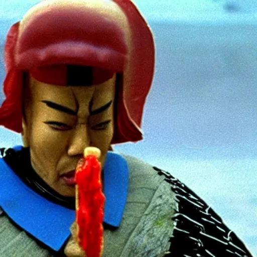 Image similar to scene from Kagemusha, 1980, movie still, cinematic, a samurai eating a hot dog, mustard and ketchup,