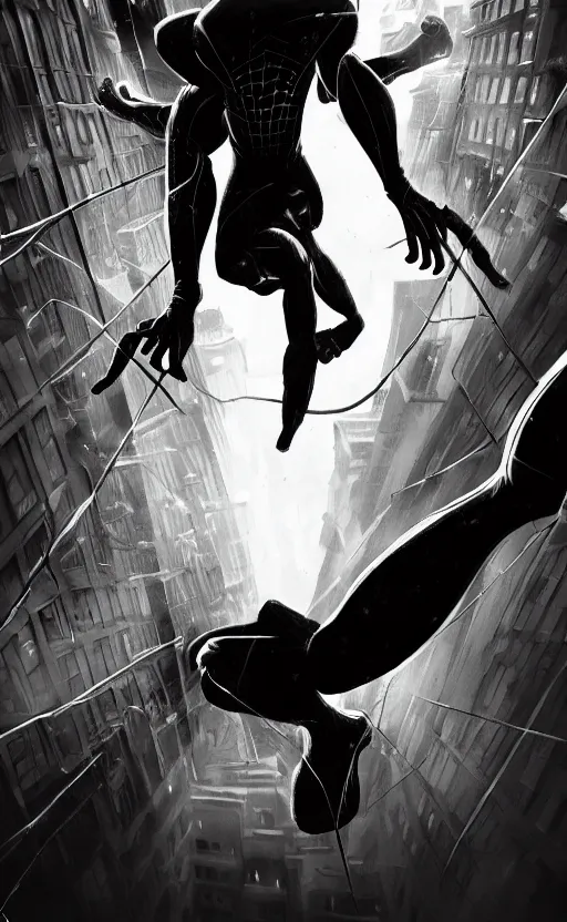 Image similar to epic spiderman noir wallpaper, dynamic lighting, photorealistic fantasy concept art, trending on art station, stunning visuals, creative, cinematic, ultra detailed