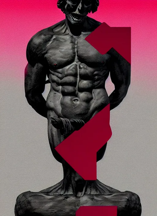 Image similar to black background, statue of hercules, ( ( ( skeleton ) ) ), grey, thin lines, dark, red and purple grid design elements, glitch art, neo vaporwave, gritty, movie poster, layout design, trending on artstation