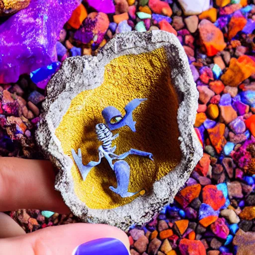 Image similar to tiny dinosaur skeleton inside a geode of multi-colored crystals