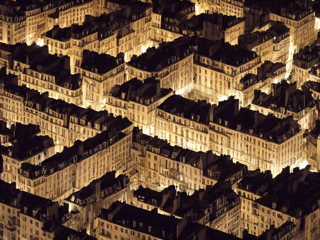 Prompt: people hanging out on the rooftop of the buildings of place des vosges at night