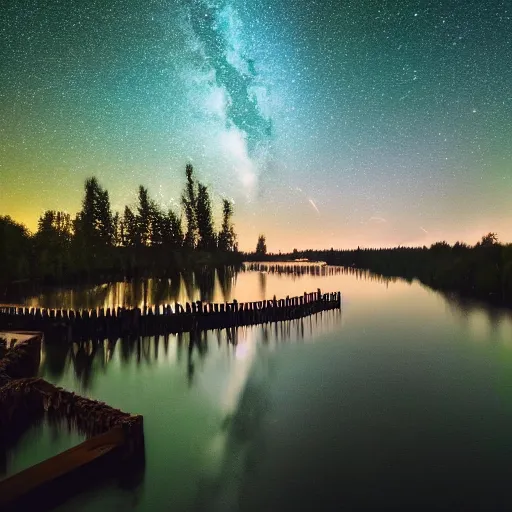 Prompt: magical floating forests with a starry night sky with connecting bridges