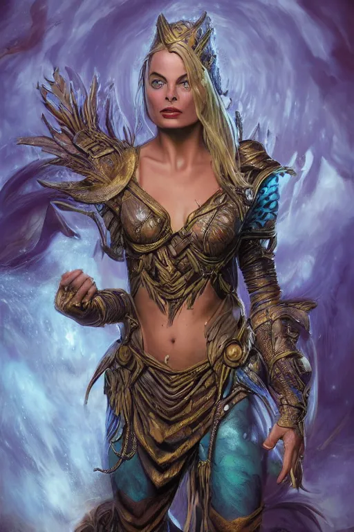 Image similar to A fantasy comic book style portrait painting of Margot Robbie as an Atlantean Reptilian Warrior, Mystical Valkyrie, unreal 5, DAZ, hyperrealistic, octane render, Regal, Refined, Detailed Digital Art, RPG portrait, Michael Cheval, Walt Disney (1937), François Boucher, Oil Painting, Steampunk, dynamic lighting, Highly Detailed, Cinematic Lighting, Unreal Engine, 8k, HD