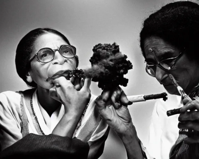 Image similar to Rosa Parks smoking cannabis from a bong , next to Bob Marley; cinema film; art direction; dramatic Studio lighting by John Gaeta