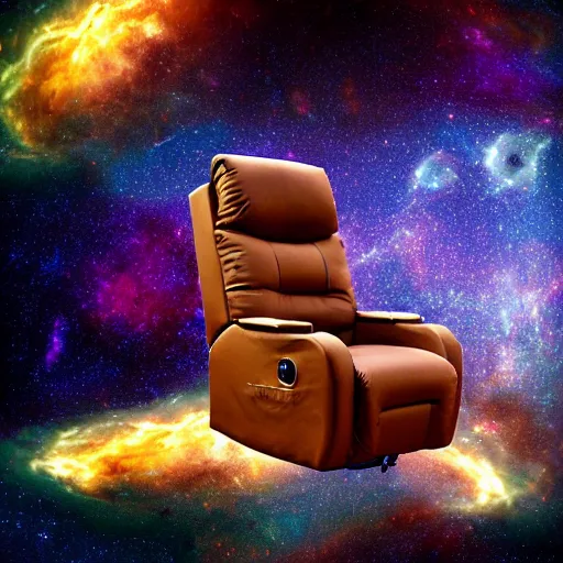 Image similar to recliner chair floating in space, space galaxy background, dramatic lighting, nebula, james webb telescope images