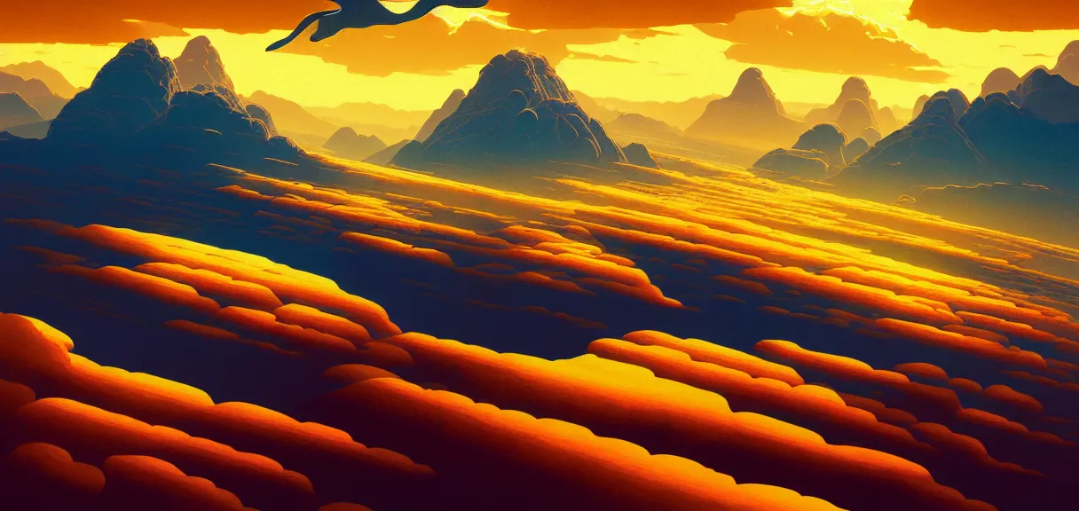 Prompt: symmetrical post - minimalism landscape of a sky whale, bird's eye view,, golden clouds, mountain range, vibrant color scheme, highly detailed, in the style of romanticism, cinematic, artstation, moebius, greg rutkowski