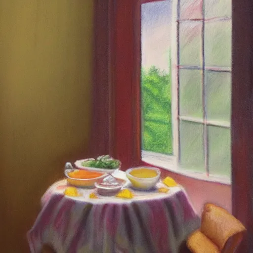 Image similar to a still life pastel painting of a breakfast table overlooking an open window