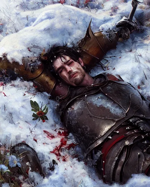 Image similar to Highly realistic oil painting of a wounded knight lying in the snow, surrounded by blue flowers, blood on flowers, by greg rutkowski, highly detailed, cinematic lighting, moody, dark