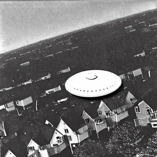 Prompt: flying saucer over suburban houses, grainy 1950s newspaper photo