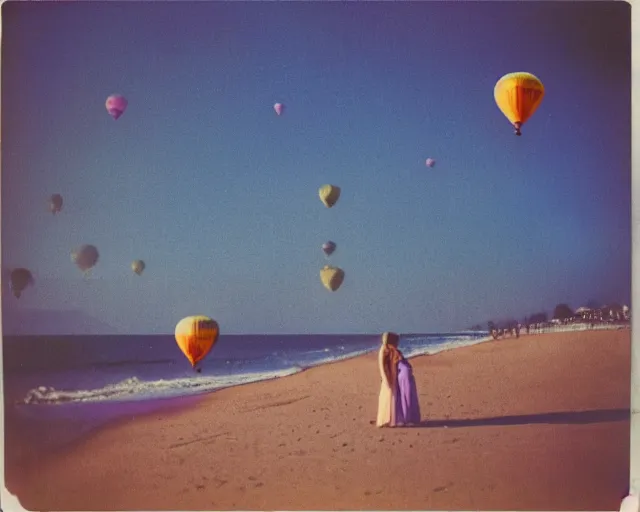 Image similar to a couple walks on the beach, multicolored hot air balloons floats over the beach at violet and yellow sunset, whimsical and psychedelic art style, 1 9 6 0 s, polaroid photo, grainy, expired film