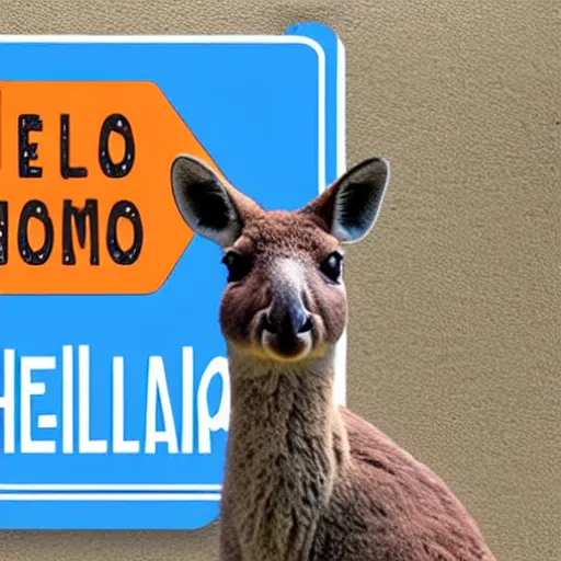 Prompt: <photograph signText(hello) caption(Kangaroo with a sign that says hello)/>