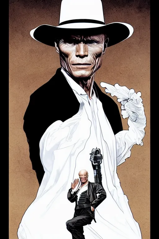 Image similar to ed harris as the man in black, westworld, wearing an all white outfit in the style of art by artgerm and greg rutkowski and alphonse mucha