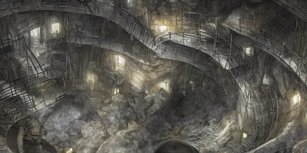 Prompt: an underground machine city built in a perfectly round bottomless chasm, houses are built into the sidewalls, long winding stairs going down, 8 k, shallow depth of field, moody lighting, ultra high detail, concept art,