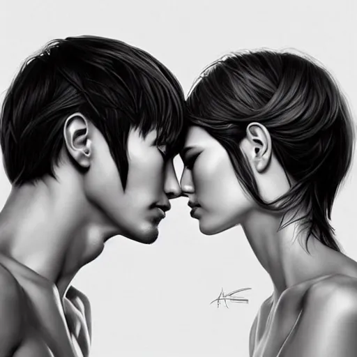 Image similar to perfectly centered symmetrical split male and female portrait of man and woman in love sharing one heart ; art by artgerm, photorealistic, highly detailed ; trending on artstation