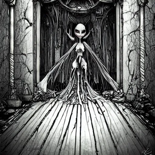 Image similar to grunge cartoon drawing of the end of the world by - michael karcz , in the style of corpse bride, horror themed, detailed, elegant, intricate