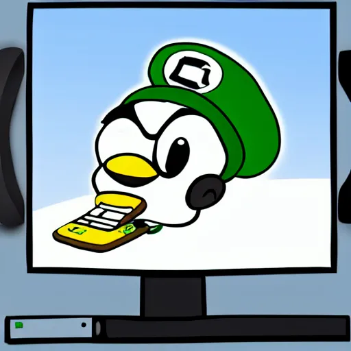 Image similar to tux penguin wearing the luigi hat in front of a computer with linux running on the screen, cute digital art, 4 k