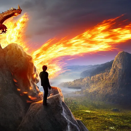 Image similar to a man standing on a cliff staring at a dragon made out of fire, 8 k resolution, photograph, trending on art station.