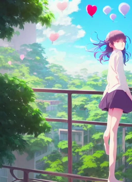 Prompt: girl stand on the a balcony where plants and flowers all around, she is watching a lot of balloons flying over, illustration concept art anime key visual trending pixiv fanbox by wlop and greg rutkowski and makoto shinkai and studio ghibli