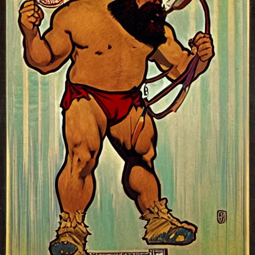 Prompt: zangief from street fighter wrestling a bear by alphonse mucha