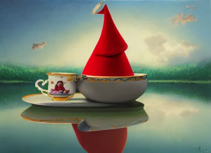 Image similar to a garden gnome sailing in a teacup, whimsical background of a reflective pond on a sunny day with dramatic clouds, an ultrafine detailed painting by mark ryden, trending on deviantart, pop surrealism, whimsical, lowbrow, grotesque