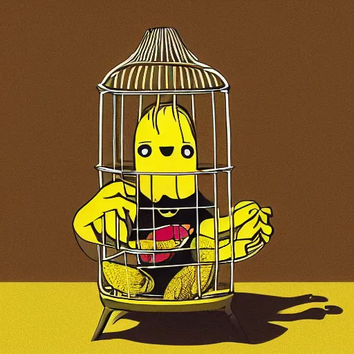 Prompt: an album cover about a cage with a banana inside it.