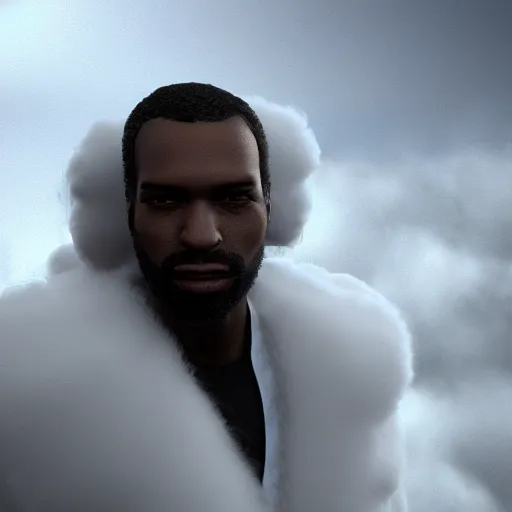 Image similar to beautiful 3D rendered fictional black man character made of fluffy clouds, wearing white suit, realistic, 8k, 4k, unreal engine, by Antoni Tudisco, artstation