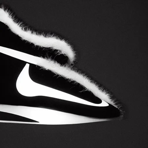 Image similar to nike shoe made of very organic structure fluffy black and white faux fur placed on reflective surface, professional advertising, overhead lighting, heavy detail, realistic by nate vanhook, mark miner