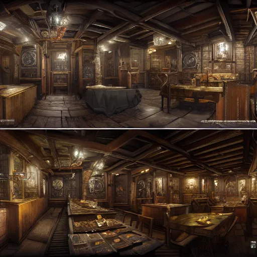 Image similar to Realistic Interior Concept design of very very very highly detailed Tavern in style of Medieval and in style of Cyberpunk, Many details by Hiromasa Ogura. More cyberpunk a lot less Medieval. Panorama 360 degrees Rendered in unreal engine 5, artstationHD, 4k, 8k, 3d render, 3d Houdini, cinema 4d, octane RTX volumetric natural light