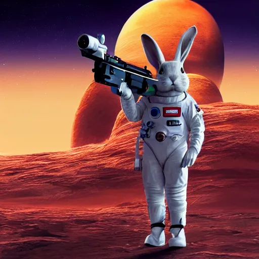 Prompt: a rabbit in a spacesuit stands in a spaceship with a blaster against the background of mars cyberpunk photorealism