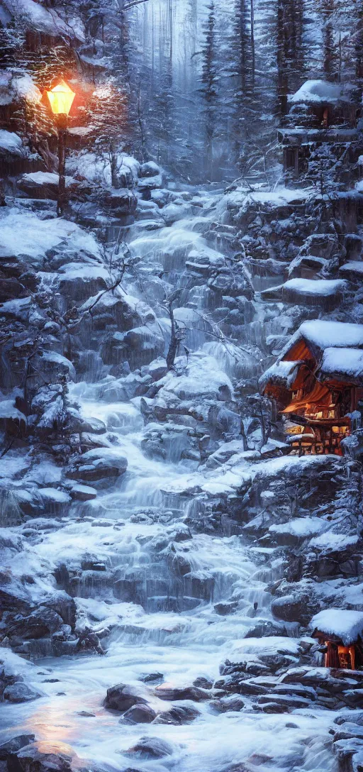 Prompt: cozy lodge beside a river stream in the canadian wilderness in winter, dramatic lighting, cinematic, establishing shot, extremely high detail, photo realistic, cinematic lighting, post processed, concept art, artstation, matte painting, style by eddie mendoza, raphael lacoste, alex ross