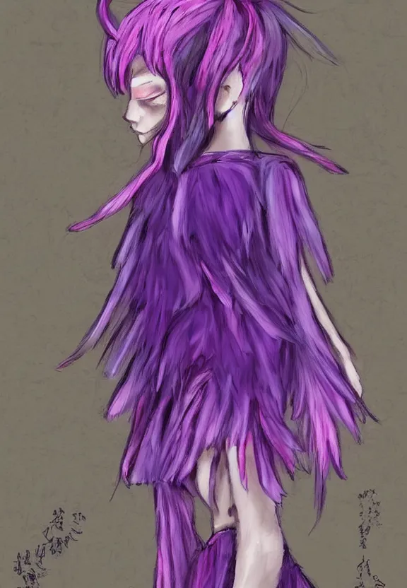 Image similar to little girl with eccentric pink hair wearing a dress made of purple feather, art by dcwj