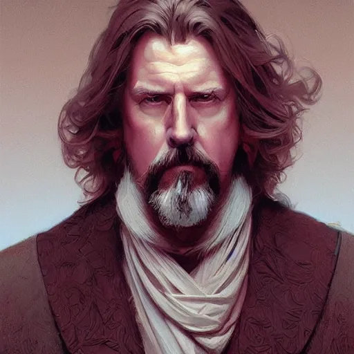 Image similar to portrait of big lebowski, deep focus, d & d, fantasy, intricate, elegant, highly detailed, digital painting, artstation, concept art, matte, sharp focus, illustration, art by artgerm and greg rutkowski and alphonse mucha