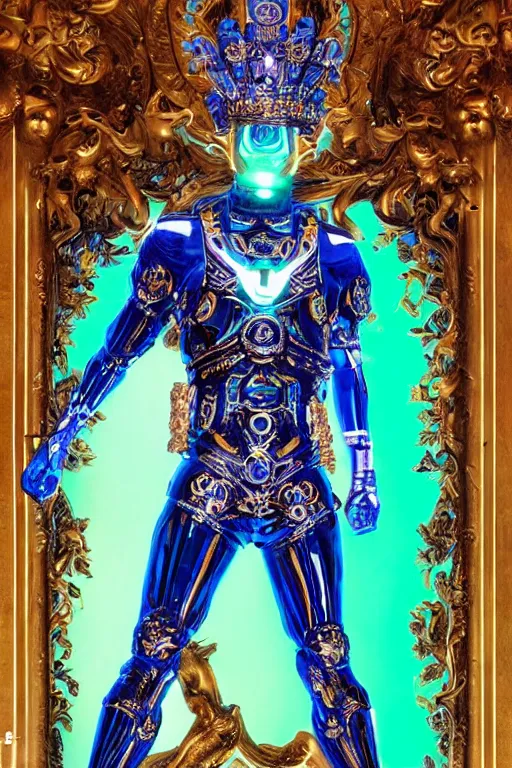 Image similar to full-body sculpture of a young handsome Colombiano prince as a half cibernetic android with a glowing blue battery in his chest, white laser beam coming out of his eyes, crown of giant diamonds, flowing neon-colored silk, fabric, raptors, in a cyperbunk and baroque style. baroque elements. full-length view. baroque element. intricate artwork by caravaggio. many many birds birds on background. Trending on artstation, octane render, cinematic lighting from the right, hyper realism, octane render, 8k, depth of field, 3D