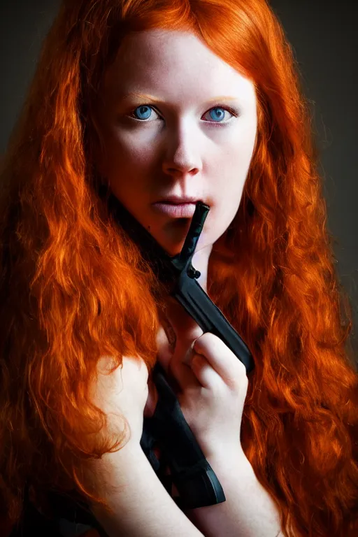 Image similar to intense portrait of a redheaded huntress, age 23, by jake hicks, by michael malm, 55mm, f/1.2, cinematic lighting, dark background