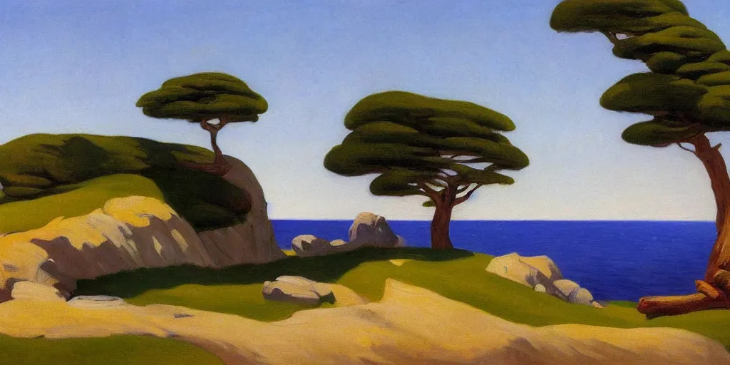 Image similar to a beautiful landscape painting of a rocky outcrop on the coast with a tree next to a house, by edward hopper, oil on canvas, highly detailed, hd, 4 k