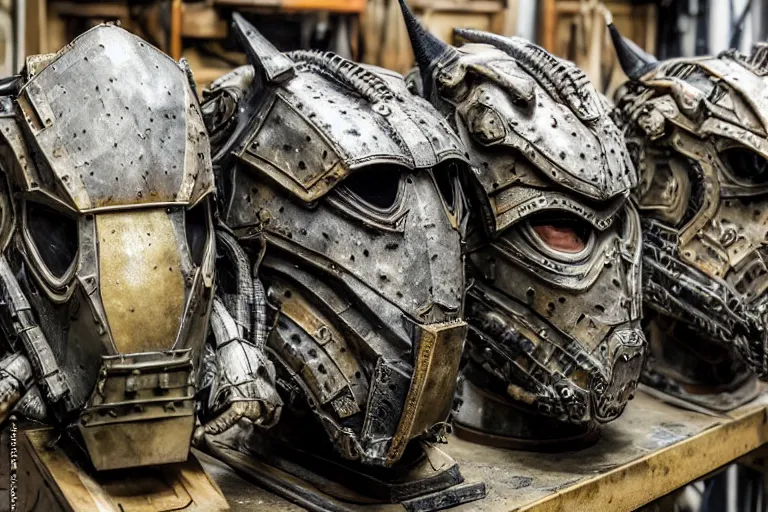 Prompt: photo taken of an epic intricate, ultra detailed, super realistic gritty, hero prop, exquisitely weathered armoured hazardsuit movie prop replica's in a row in the workshop, created by weta workshop, full body shot, photorealistic, sharp focus, white wall, cold colour temperture, golden ratio