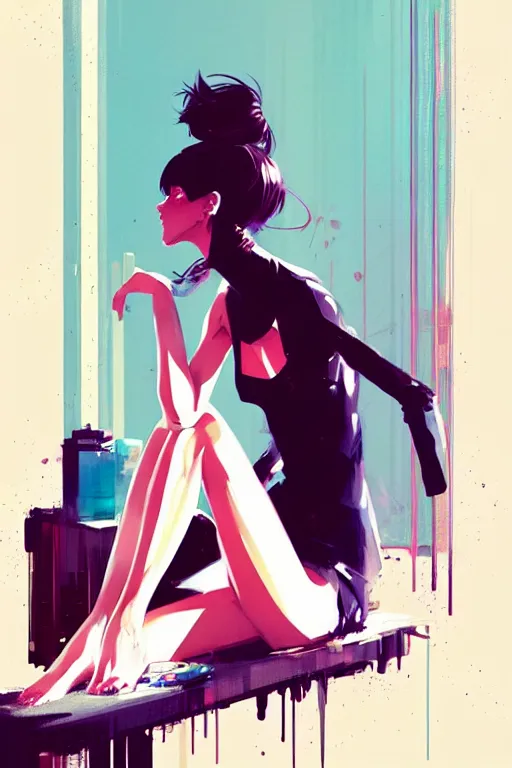 Image similar to a ultradetailed beautiful panting of a stylish woman sitting in a messy apartment, by conrad roset, greg rutkowski and makoto shinkai, trending on artstation