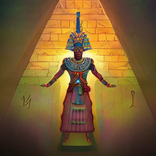 Image similar to osiris the god standing before a pyramid, d & d style, trending on artstation, colorful, intricate, art by kev chan