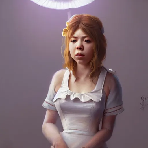 Image similar to detailed painting of jennette mccurdy wearing a maid outfit, 8 k, by greg rutkowski, artgerm, global illumination