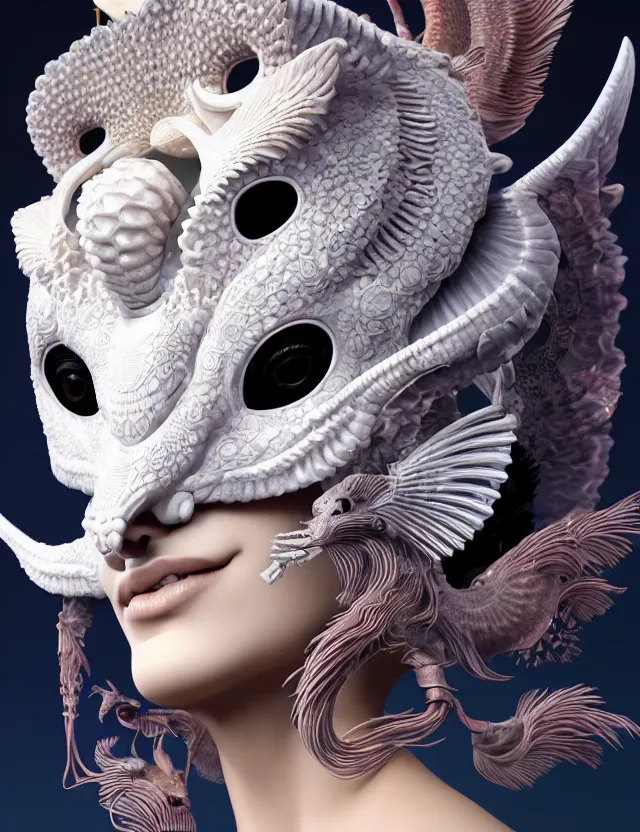 Image similar to 3 d goddess close - up 3 / 4 portrait with ram skull. beautiful intricately detailed japanese crow kitsune mask and clasical japanese kimono. betta fish, jellyfish phoenix, bio luminescent, plasma, ice, water, wind, creature, artwork by tooth wu and wlop and beeple and greg rutkowski