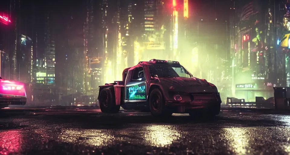 Prompt: macro closeup photo of combat tesla cybertruck hovering over wet dystopian cyberpunk city streets at night, mad max, action, speed, volumetric lighting, hdr, need for speed, gta 5, ridley scott, makoto shinkai, syd mead, craig mullins, cinematic, fast and furious, blade runner, octane, 8 k, iso 1 0 0