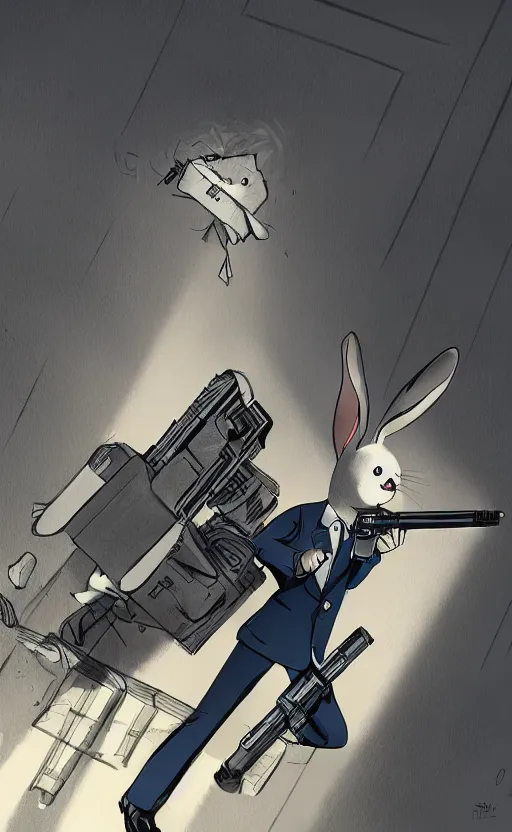 Image similar to rabbit as a hitman, suit and tie, with silenced gun, dynamic lighting, fantasy concept art, trending on art station, stunning visuals, creative, cinematic, ultra detailed, comic strip style