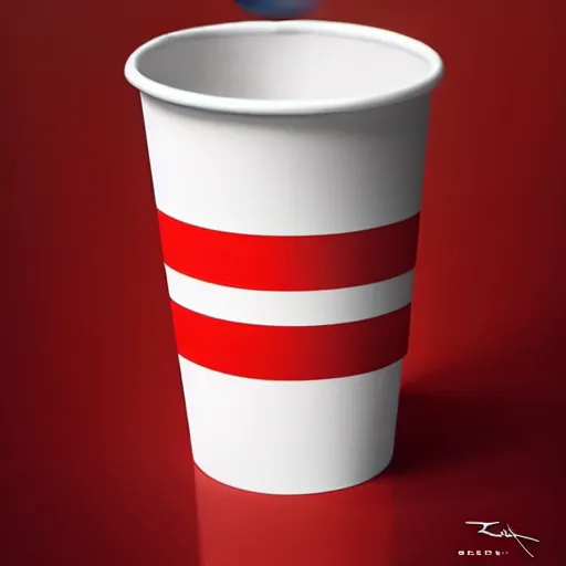 Image similar to white paper cup with red strip as a character!!!, hyperrealistic, highly detailed, cinematic, volumetric sunlight, beautiful, cgssociety, artstation, 8 k, oil painting by greg rutkowski, by artgerm, by wlop