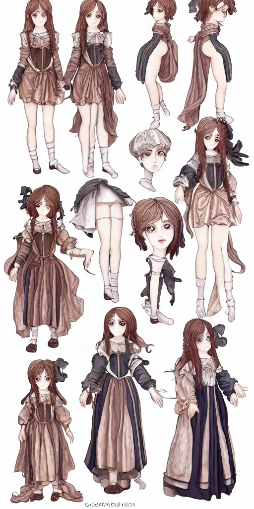 Image similar to A narcoleptic anime girl game character, renaissance style dress, doll-like, character design sheet, detailed eyes, HDR