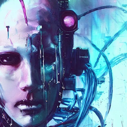 Prompt: a cyberpunk marine, skulls, wires cybernetic implants, machine noir steelpunk grimcore in cyberspace photoreal, atmospheric by jeremy mann francis bacon and agnes cecile, ink drips paint smears digital glitches