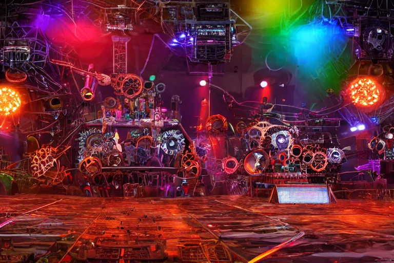 Image similar to close up of an outdoor festival stage with audience, on stage is a rockband with 3 steampunk robots with guitars and drums, center of the stage is a big futuristic steampunk generator with gears and belts and tubes, laser show, 8 k, fluorescent colors, halluzinogenic, multicolored, exaggerated detailed, unreal engine, 8 0 mm lens